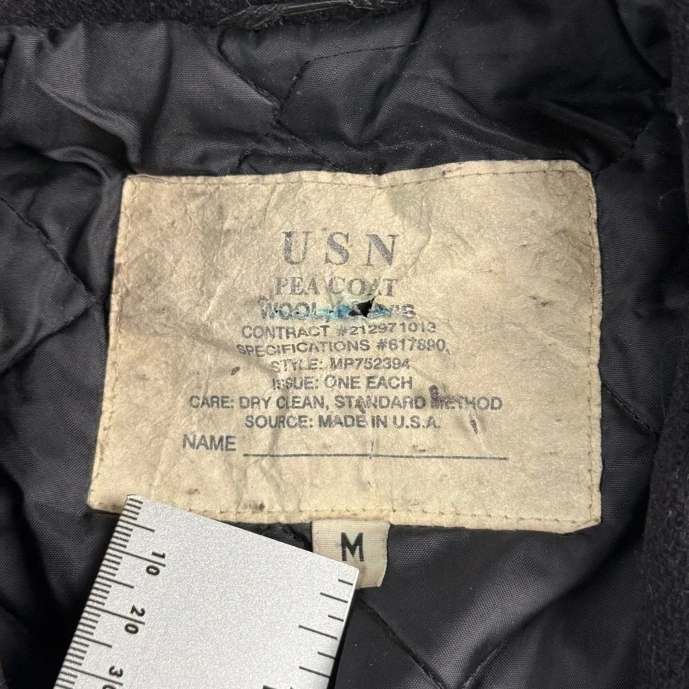USN Woolrich Navy Pea Coat Black‎ Wool Double Breasted Anchor Button Size M