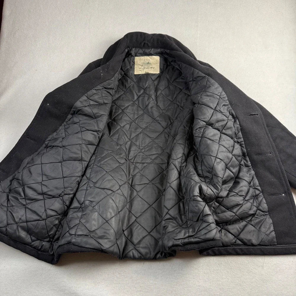 USN Woolrich Navy Pea Coat Black‎ Wool Double Breasted Anchor Button Size M