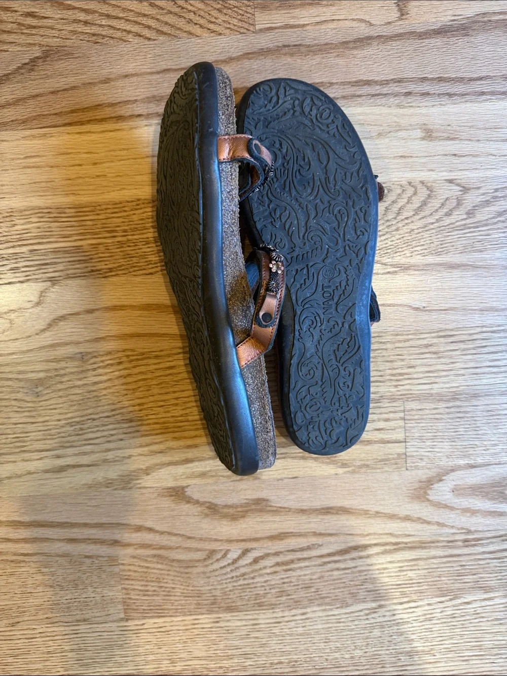 Naot Copper Brown Floral-Stud Double-Strap Slide Sandals
