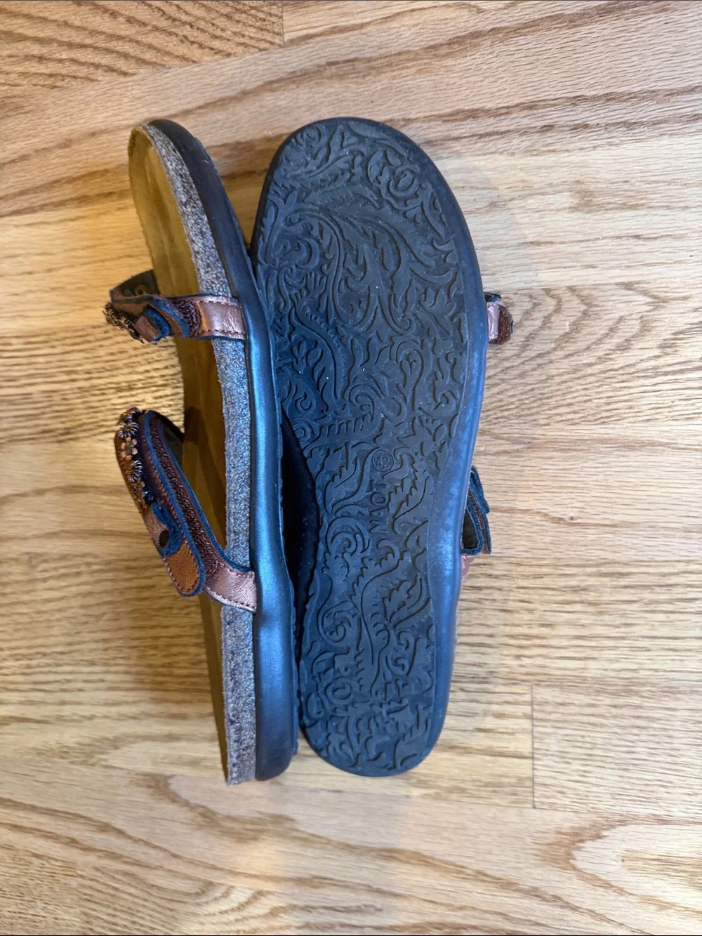 Naot Copper Brown Floral-Stud Double-Strap Slide Sandals