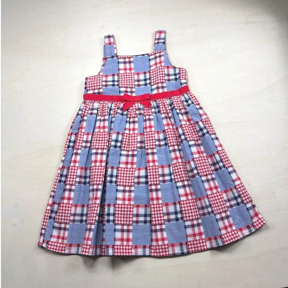 Gymboree Girls Red White Blue Patchwork Plaid Bow Dress Size 6 Cotton Sleeveless