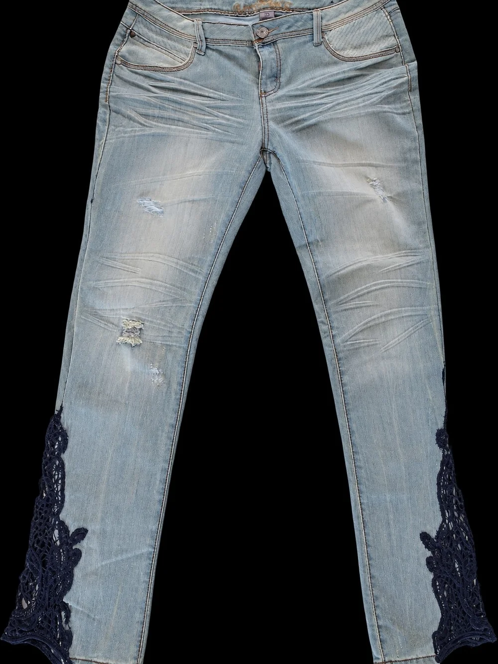 Light Wash Women's Jeans with Navy Crochet Hem