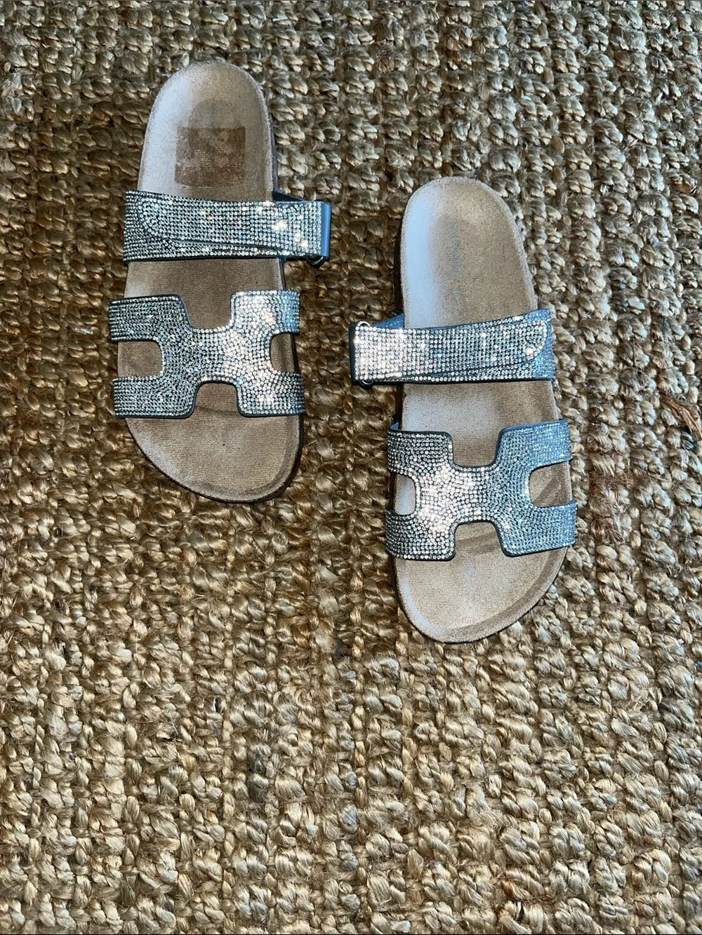 Madden Girl Silver Sparkle Velcro Double-Strap Slide Sandals Bling Sz 9