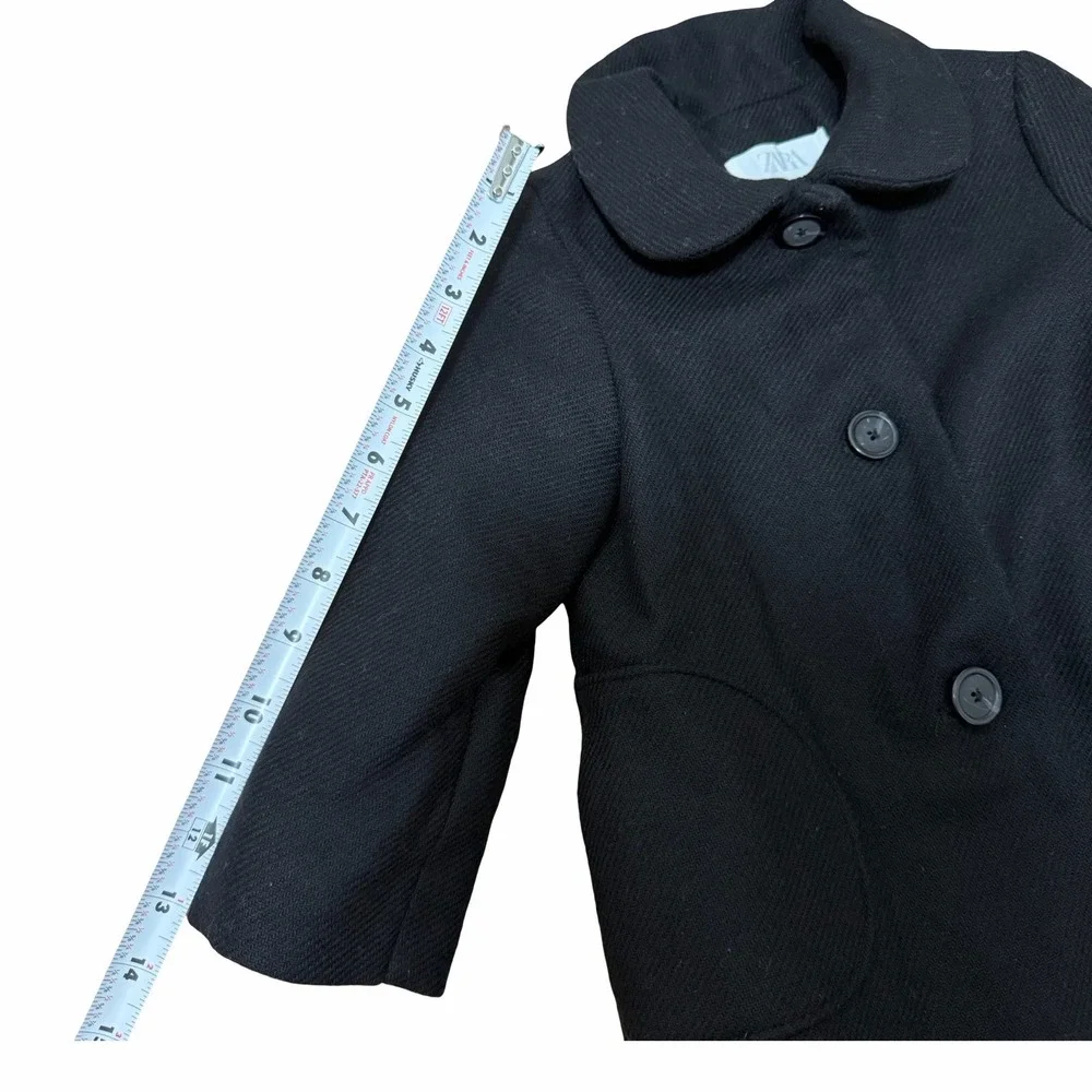 ZARA Wool Blend Button Front Pea Coat Girls Size 3/4Y Black Heavyweight Winter