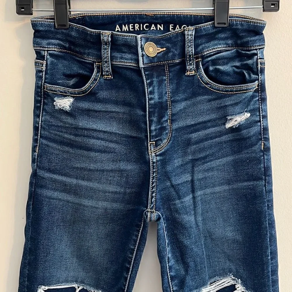 American Eagle Next Level Stretch Jeans Hi-Rise Jegging Dark Destroyed, 0 Short