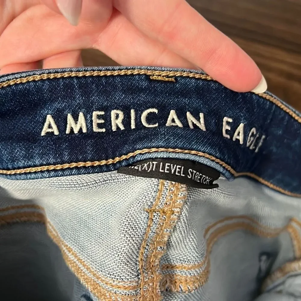 American Eagle Next Level Stretch Jeans Hi-Rise Jegging Dark Destroyed, 0 Short