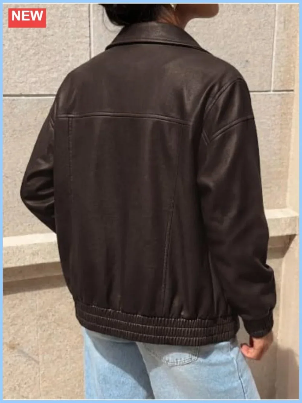 Faux Leather Jacket Women Oversized Long Sleeve Snap Zipper Lapel Collar
