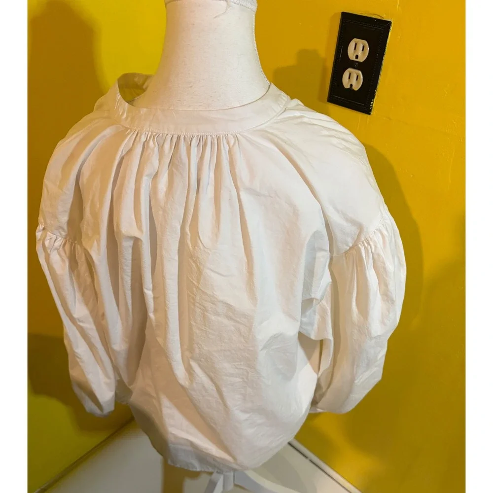Banana Republic White Cotton Poplin Blouse Small V-Neck Puff Sleeve Peasant Top