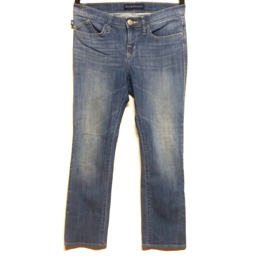 Rock & Republic Kendall Capri Jeans Sz 6 Blue Stretch Denim 32X27 embroidered EC