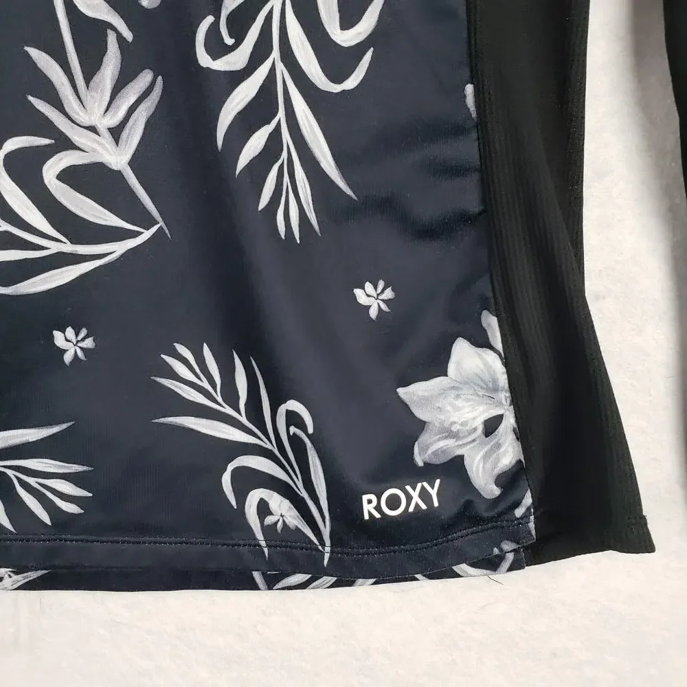 Roxy Women's M Long Sleeve Rash Guard Sun Shirt Black White Floral‎ Hawaiian