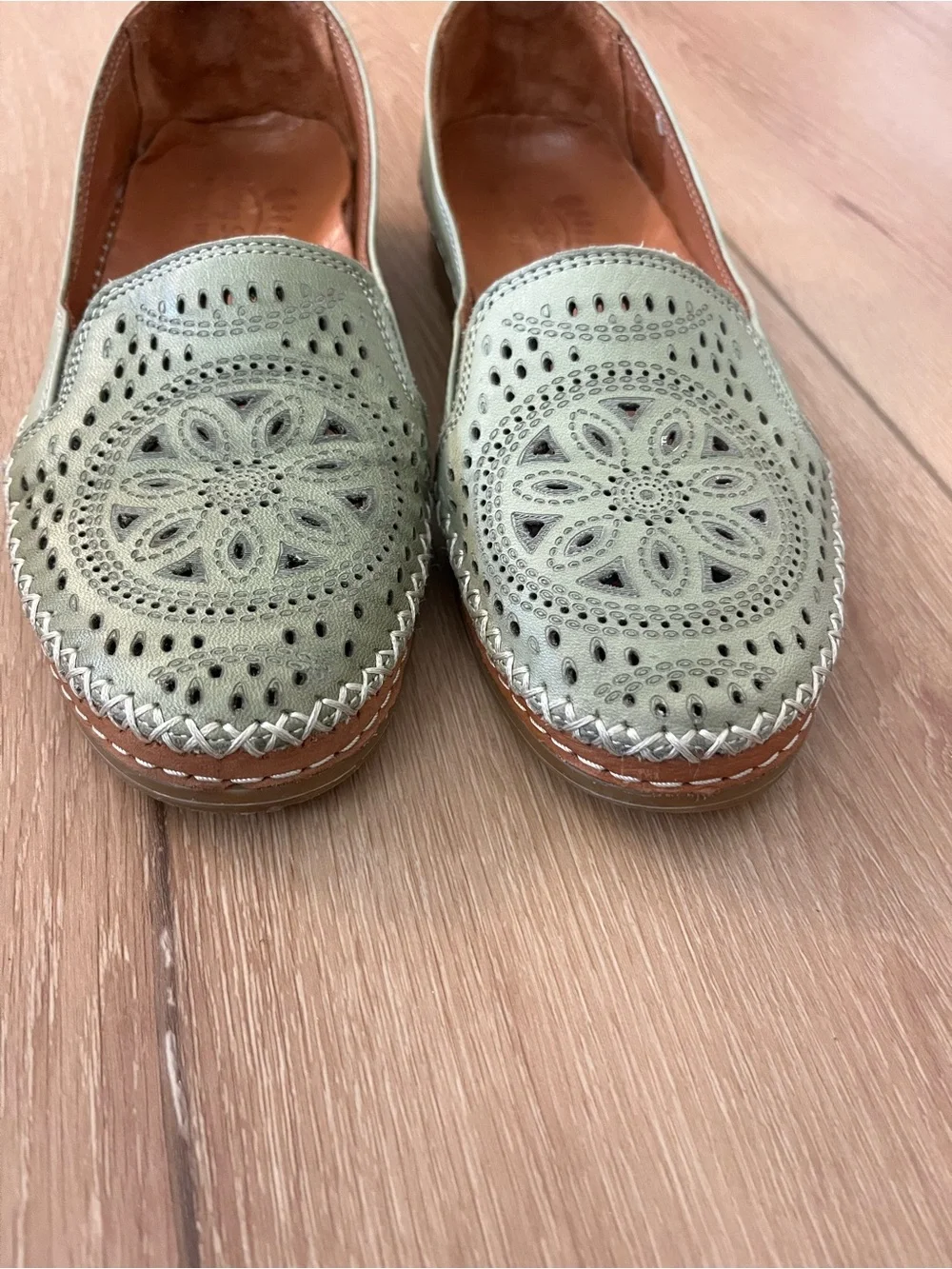 Spring Step Mint Green Perforated Leather Slip-On Loafers