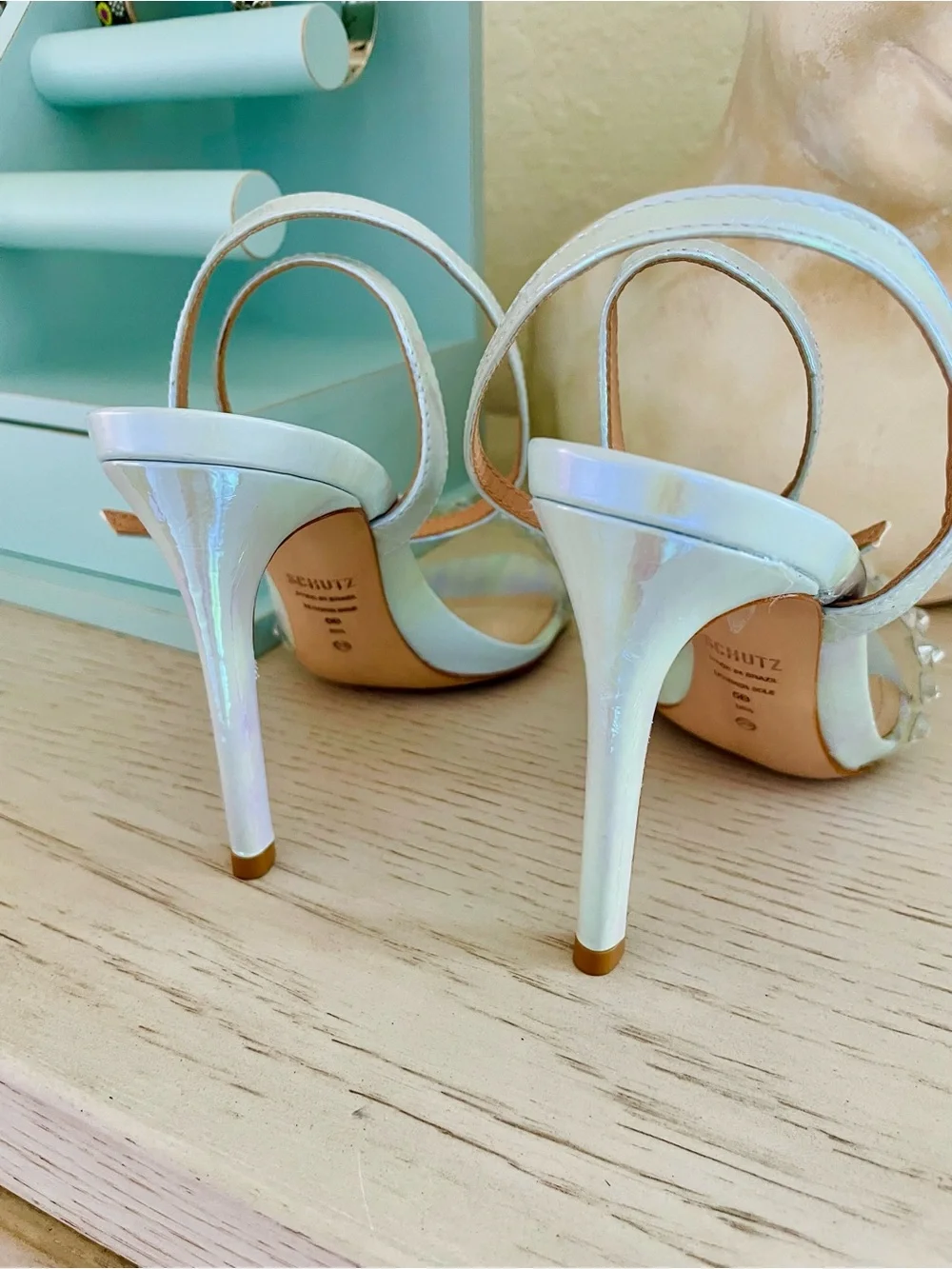 Schutz - Iridescent Crystal Strap Heeled Sandals - Light Aqua
