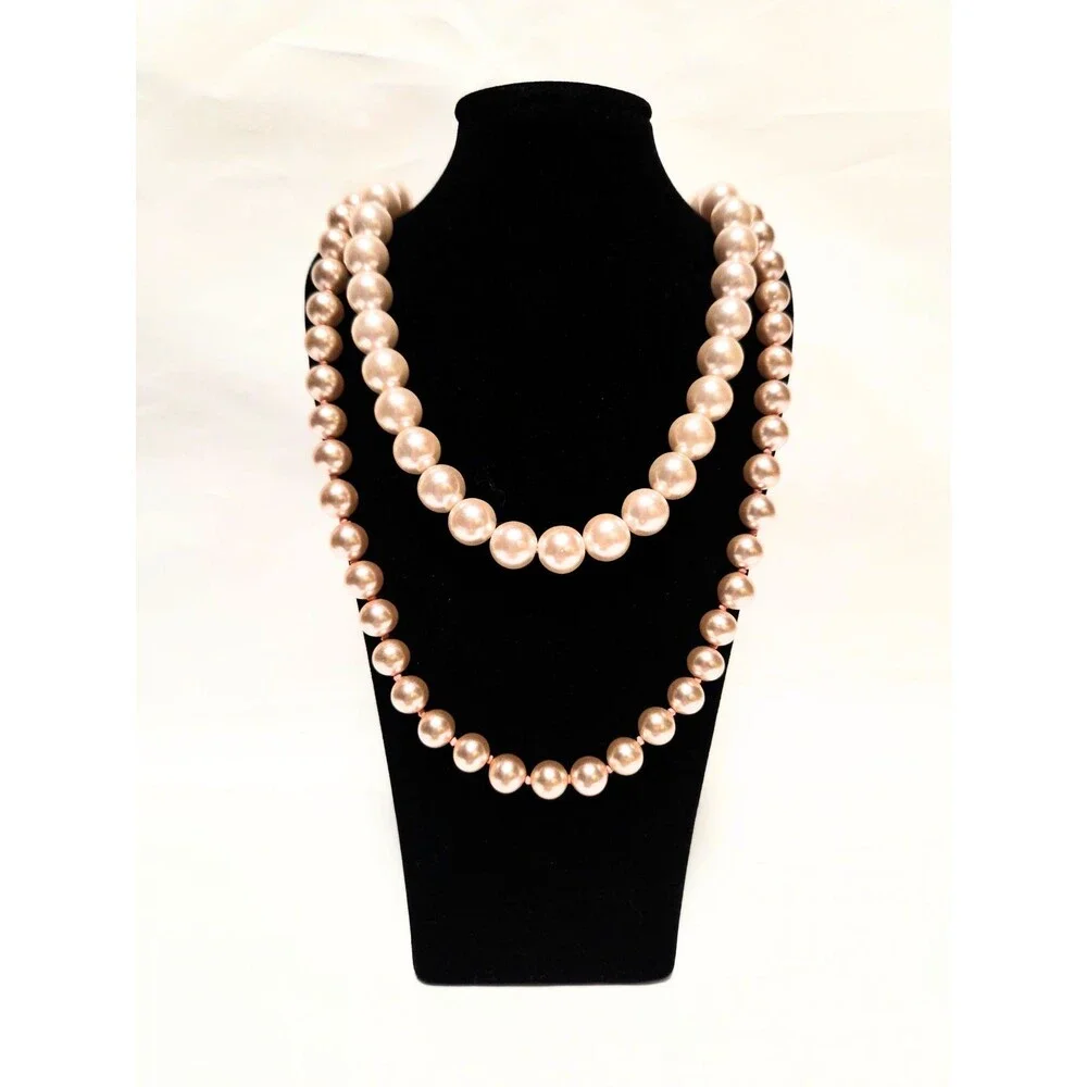 Japan Pink Faux Pearl Double Strand Necklace Set Gold Tone Clasp