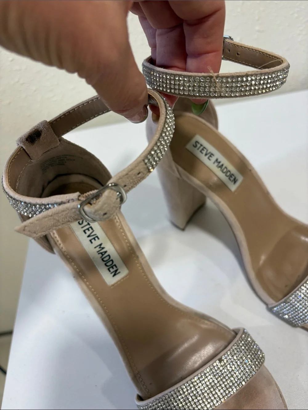 Steve Madden Blush Pink Suede Crystal Strap Block Heels