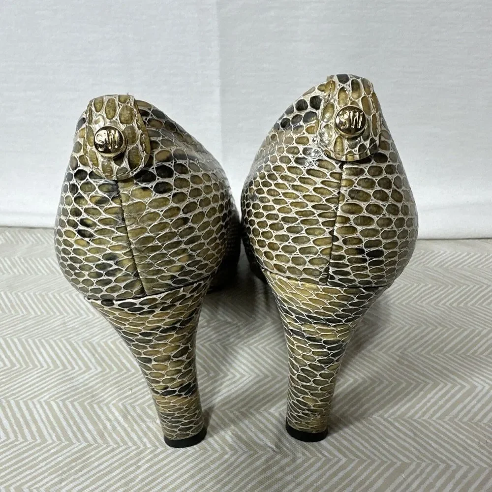 Stuart Weitzman Pumps Womens 7 Brown Snake Print Leather Peep Toe Platform Heels