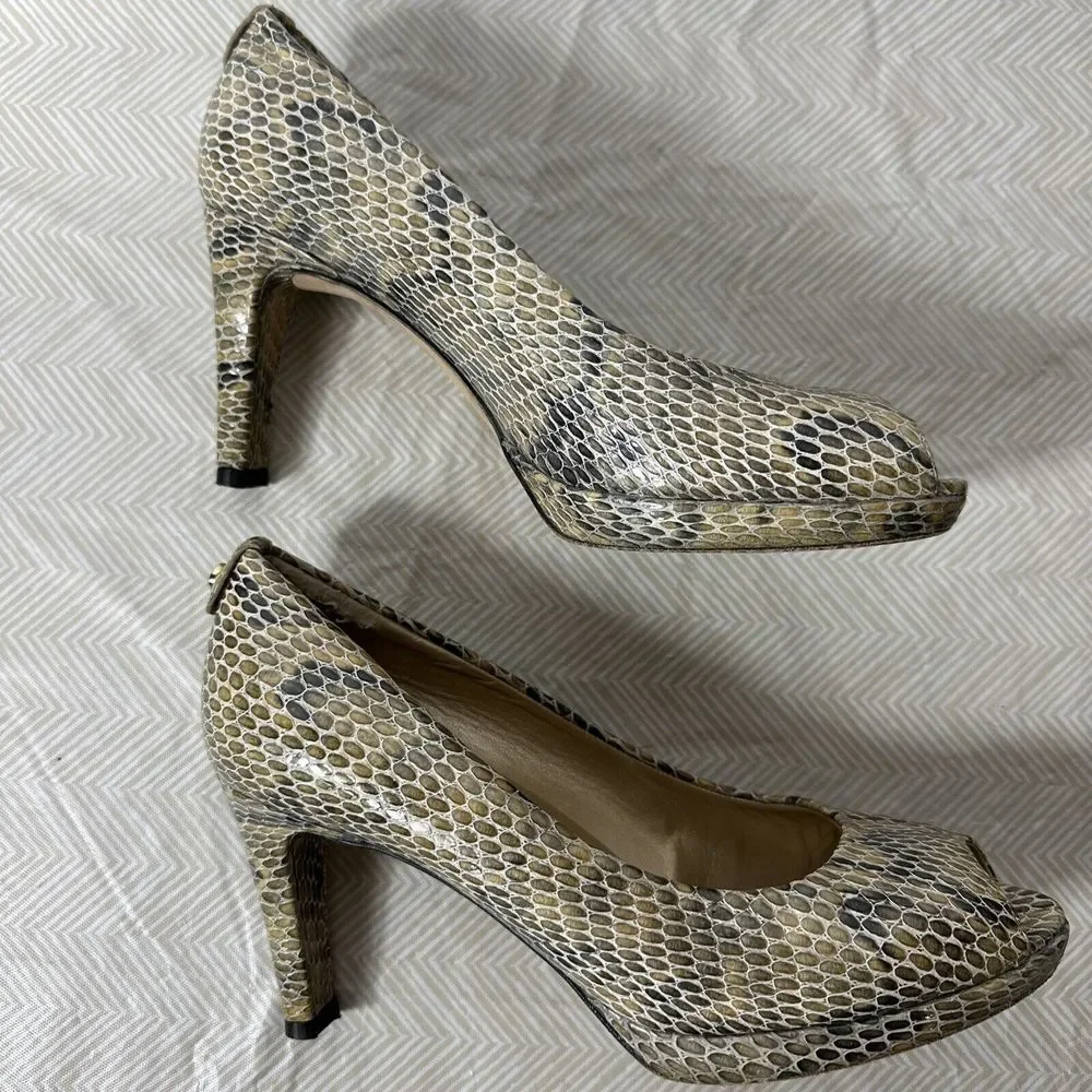 Stuart Weitzman Pumps Womens 7 Brown Snake Print Leather Peep Toe Platform Heels