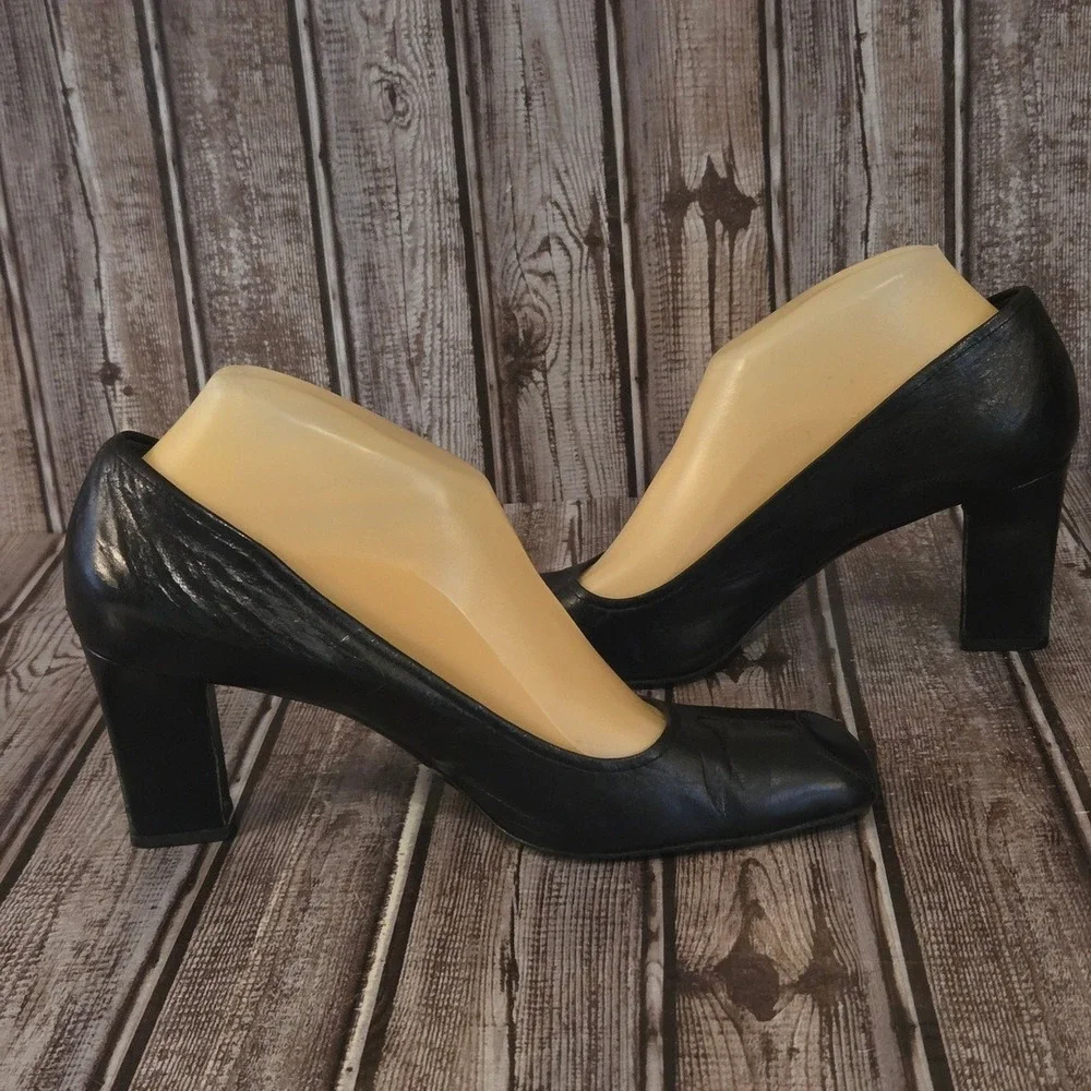 Sz 38.5 / 8.5 US Prada Y2K Black Leather Square Toe Block Heel Pumps Shoes VGUC