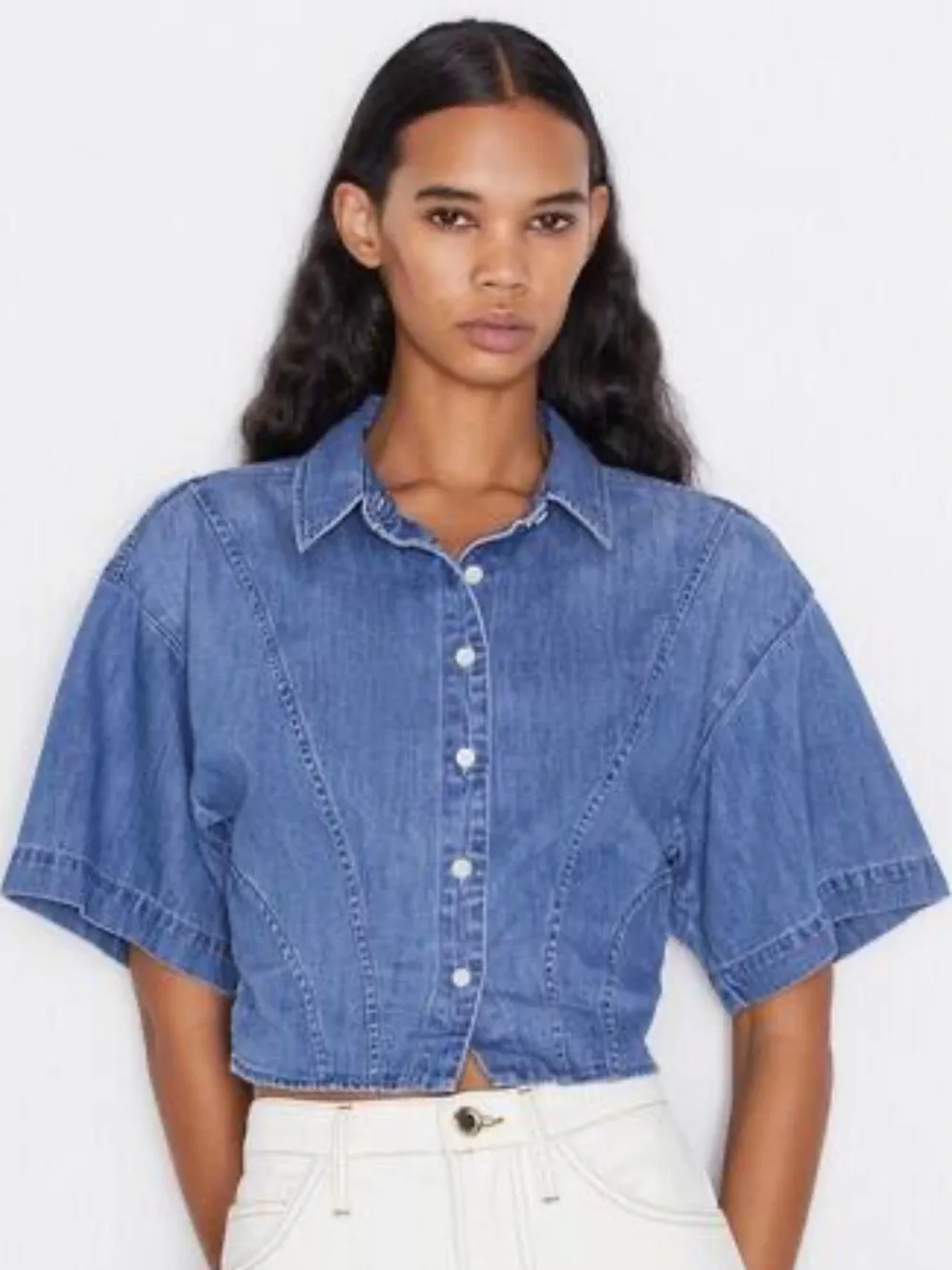 FRAME Denim Cropped Cotton Shirt in Shoreline Wash Size M