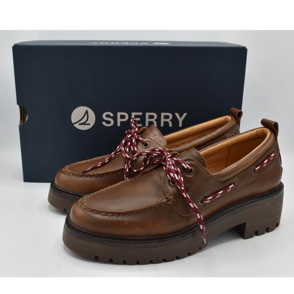 Sperry 2 Eye Women Size 8 Brown Leather Lug Slip On Boat Shoes Coquette Preppy