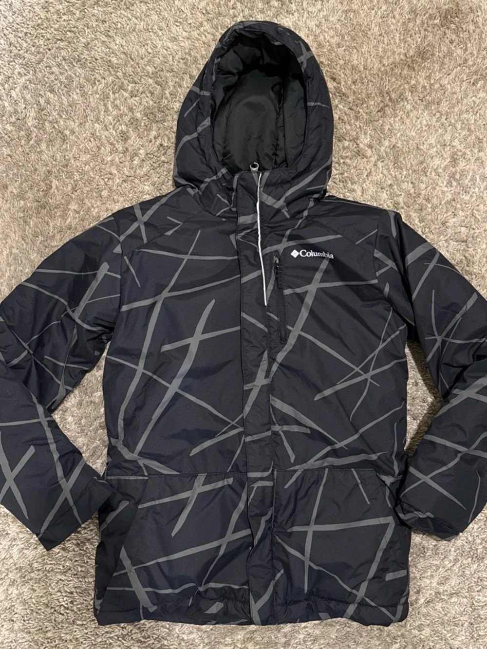 Columbia Black and Gray Kids Hooded Puffer Jacket Medium 10/12