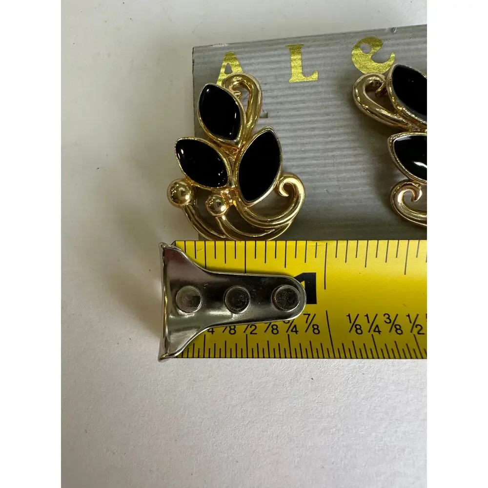 Vintage Alex Goldtone + Black Enamel Earrings 90s 1
