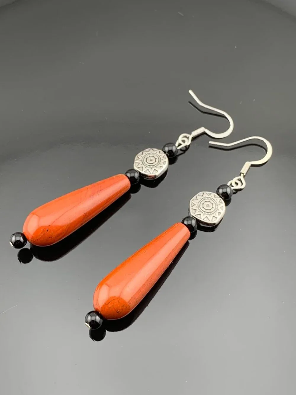 Mahogany Red Jasper Black Onyx Silver Boho Bead Long Handmade Earrings LR211