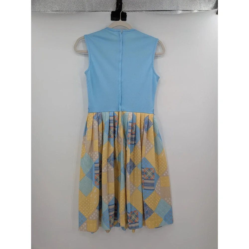 Tradwife 1970s Mod Blue Yellow Patchwork Vintage Retro 12 Dress & Jacket Set