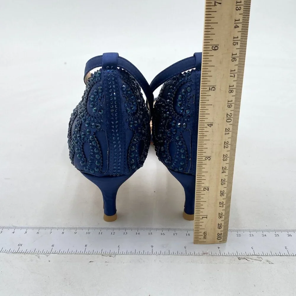 XYD Navy Peep Toe D'Orsay Embellished Kitten Heels With Ankle Strap