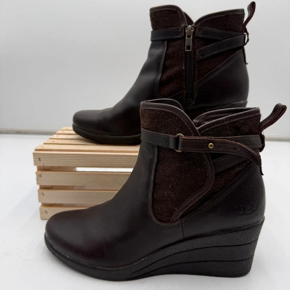 UGG Wedge Boots Emalie Waterproof Leather Wool Dark Brown Womens‎ 8