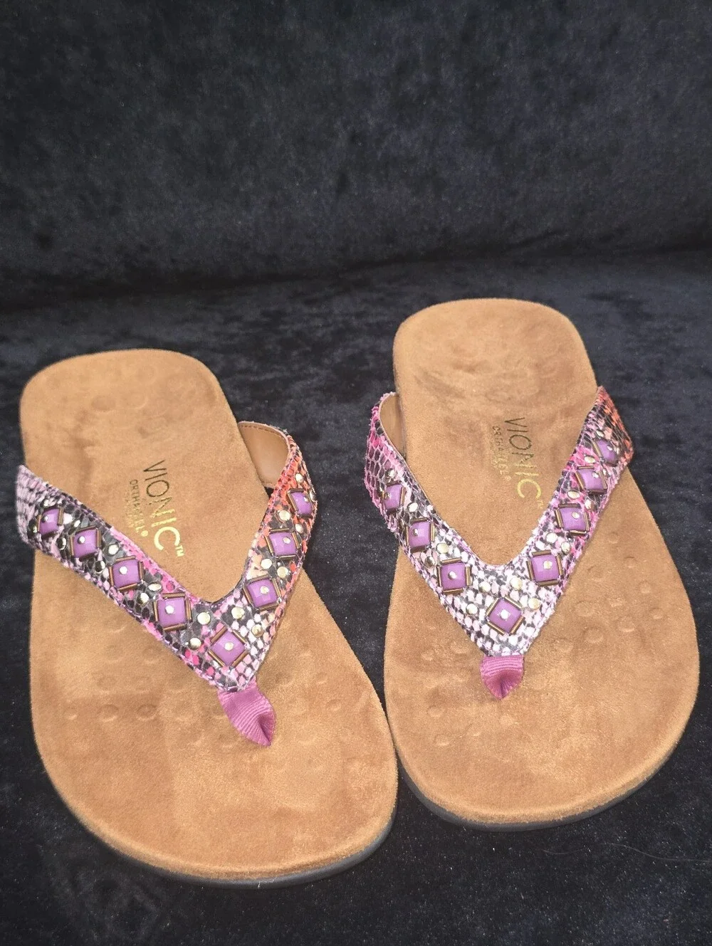 Vionic Orthaheel Pink Python Print Embellished Thong Sandals