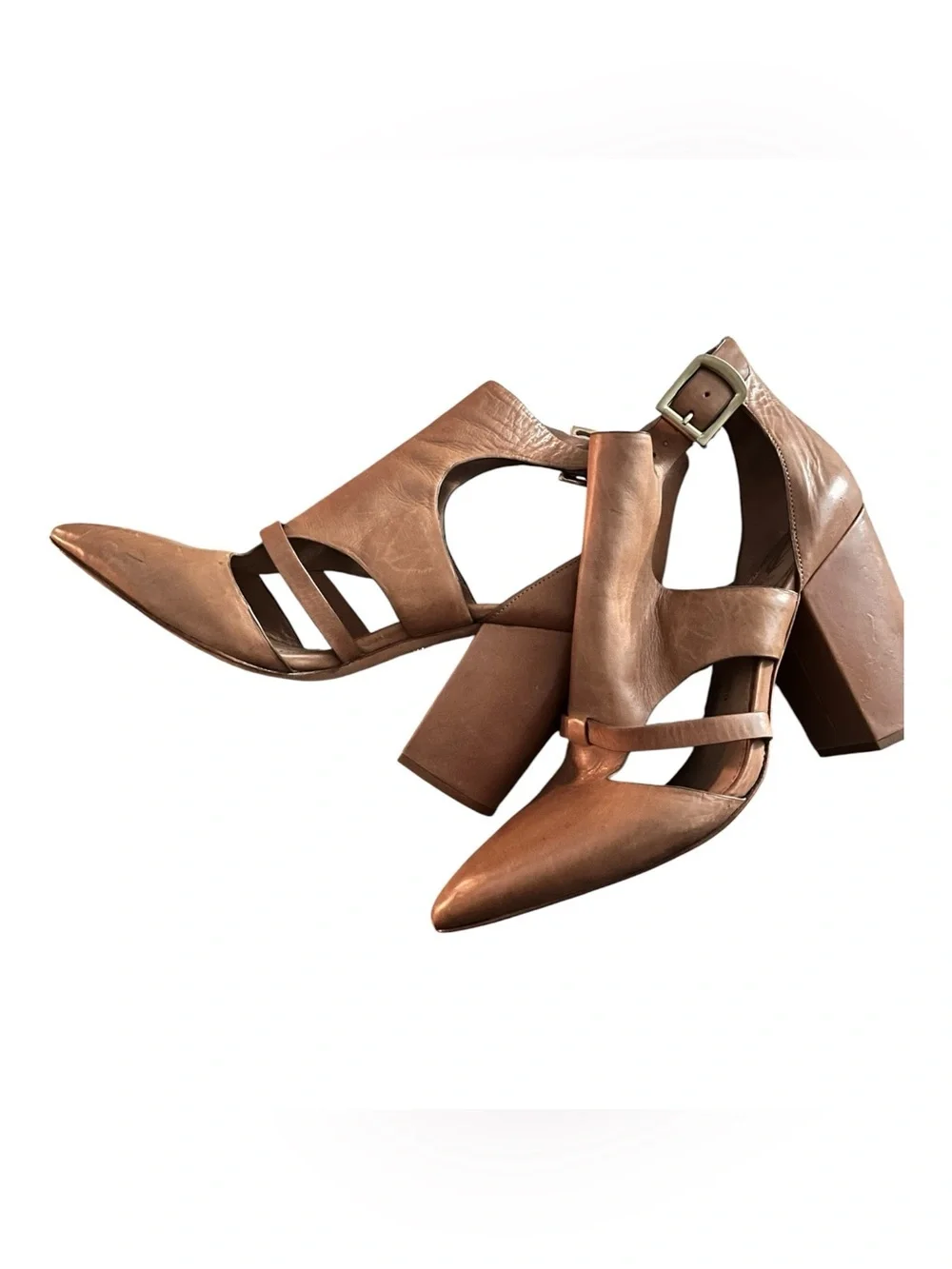 Vince Camuto Cognac Leather Pointed Toe Cutout Block Heel Pumps Sz 10