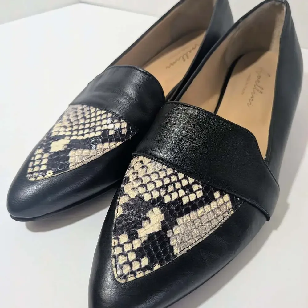Avellini Black Leather Slip-on Pointed Toe Snake Print Loafers 859P Size 39