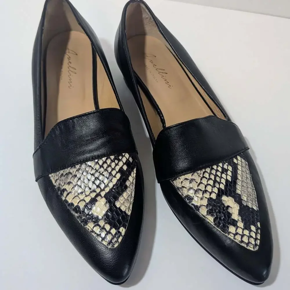 Avellini Black Leather Slip-on Pointed Toe Snake Print Loafers 859P Size 39