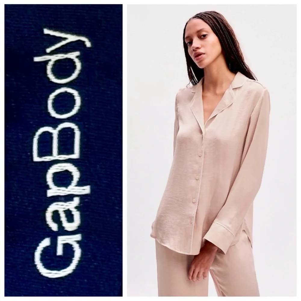 GAP Body Blush Pink Satiny Pajama Set Loungewear Button Up Lightweight L / M EUC