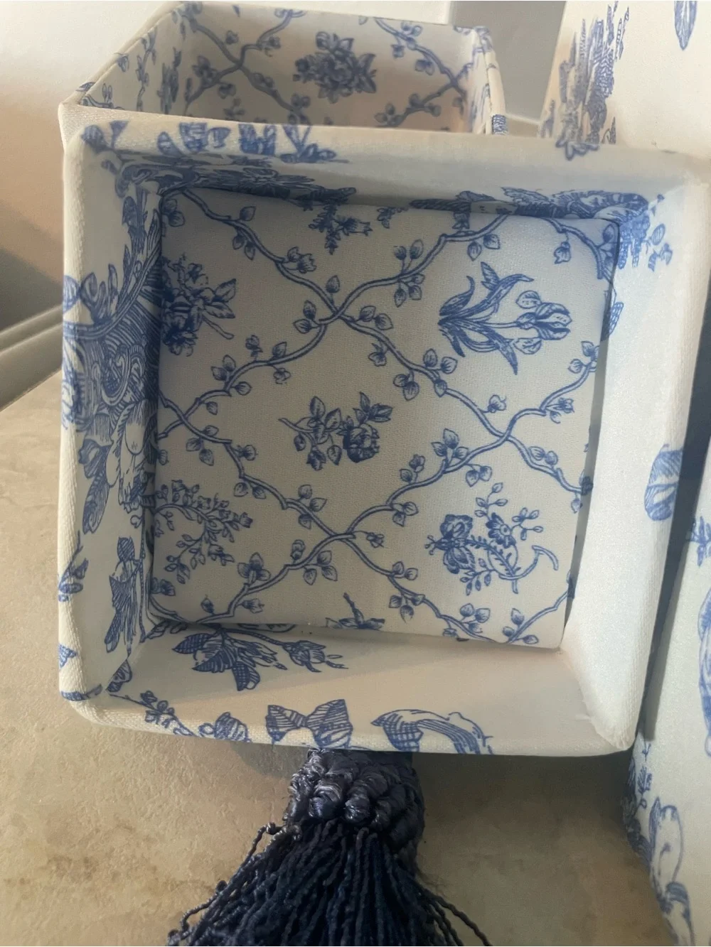 Blue Floral Decorative Storage Boxes with Tassels - Home Accents