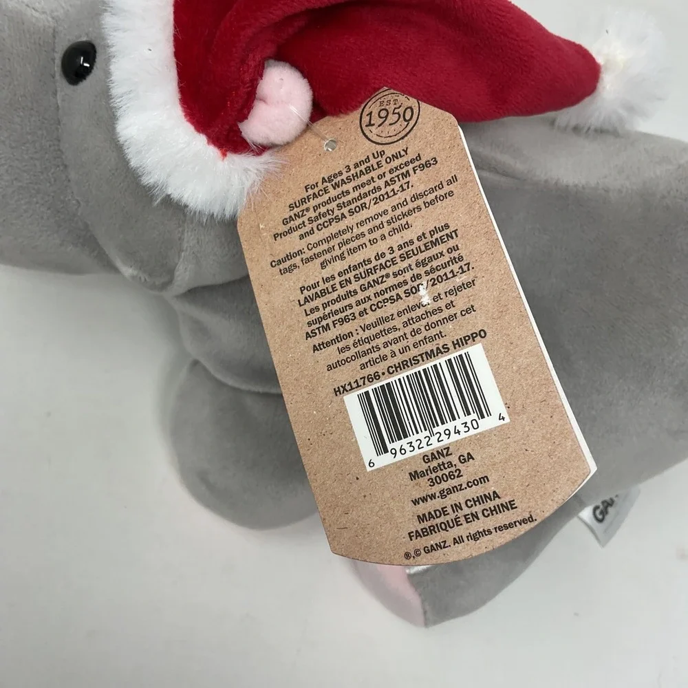 Ganz Gray Hippo Stuffed Plush Santa Hat I Want a Hippopotamus for Christmas