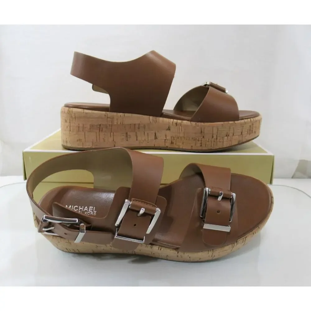Michael Kors Colby Flatform Wedge Sandal Leather Luggage Light Brown