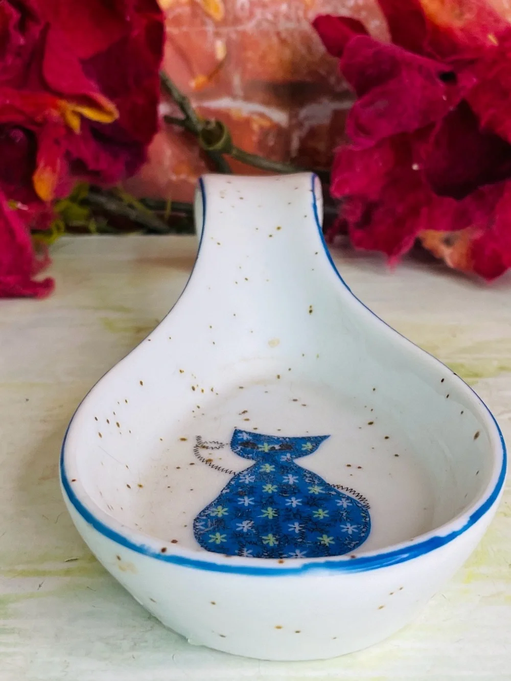 Vintage Otagiri White Ceramic Spoon Rest with Blue Floral Cat Accent