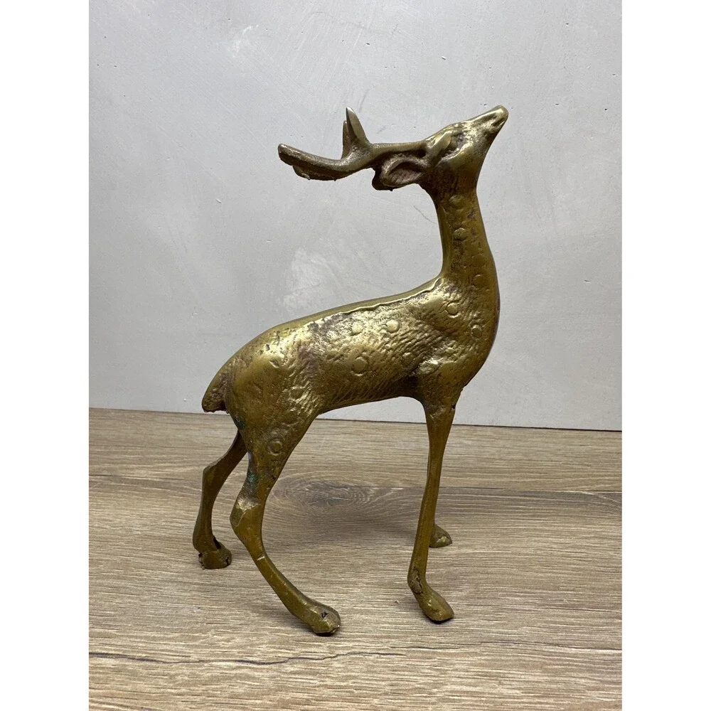 Vintage MCM Solid Brass Spotted Deer Figurine, Christmas Reindeer Decor, 6.5x5 I
