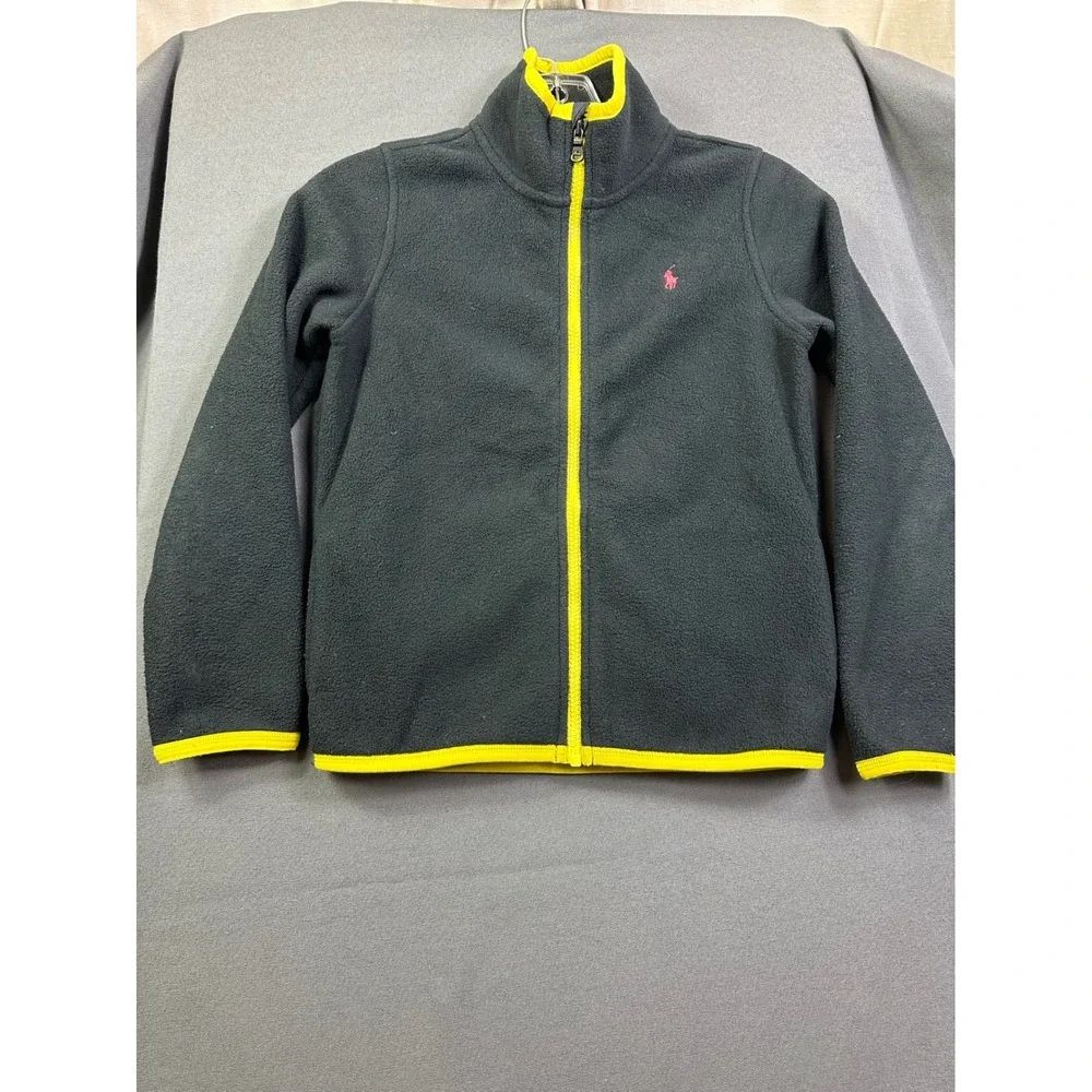 Ralph‎ Lauren Kids Fleece Jacket Grey Neon Yellow Full Zip Pony Logo Size M 8-10