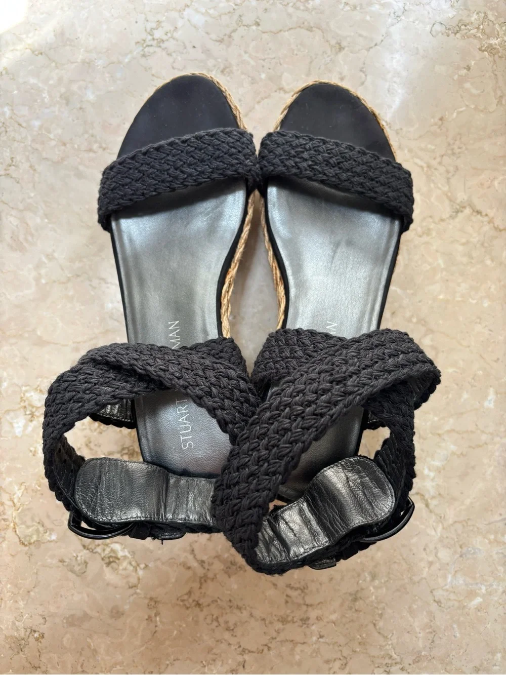 Stuart Weitzman Black Braided Espadrille Wedge Sandals
