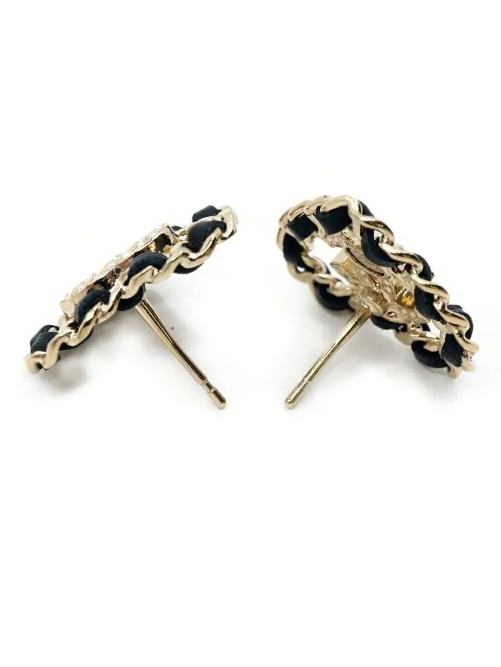 Chanel 25B Earrings Leather Chain Gold Black CC Logo Metal