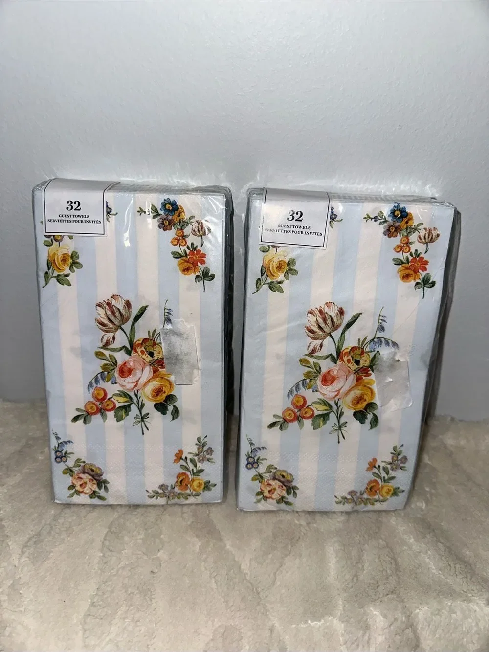 Punch Studio 32 x 2pk Guest Paper Towel Napkins White Blue Floral Stripe Print