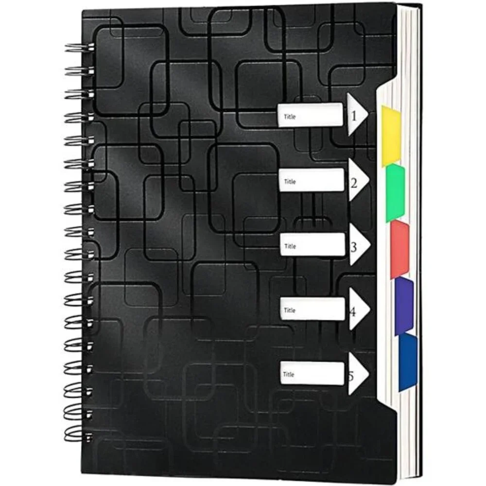 5 Subject College-Ruled Notebook, 240 Pages with Dividers, A5 Spiral, 5x7, Black