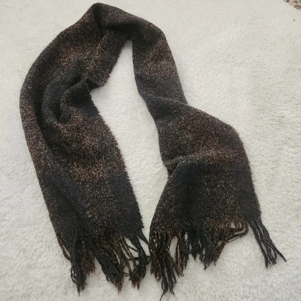 Kenneth Cole New York Scarf Plaid Boucle Knit Fringe Charcoal Brown Grey Mens