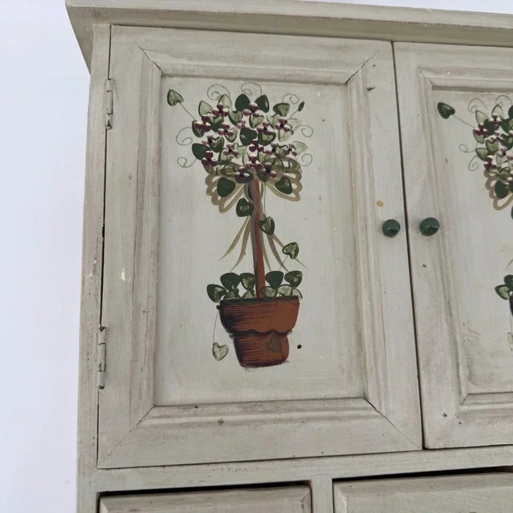 Jewelry Cabinet Hand Painted Wood Sage Green Floral Folk Art