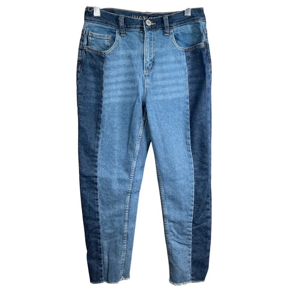 Justice‎ Girls Two Tone Colorblock High Rise Jeans Blue Denim Size 18 Raw Hem