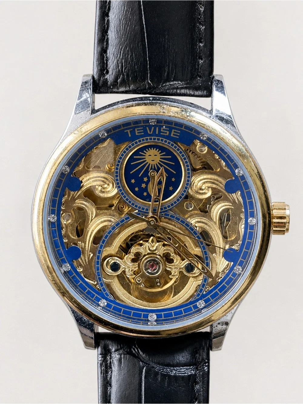 TEVISE T820 Men’s Automatic Skeleton Watch Blue Gold Leather Box Tags