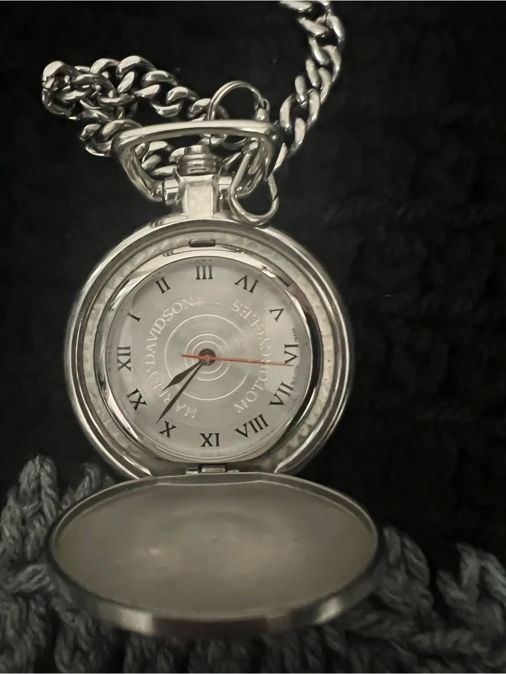 Harley-Davidson Brushed Silver Pocket Watch Pendant with Chain