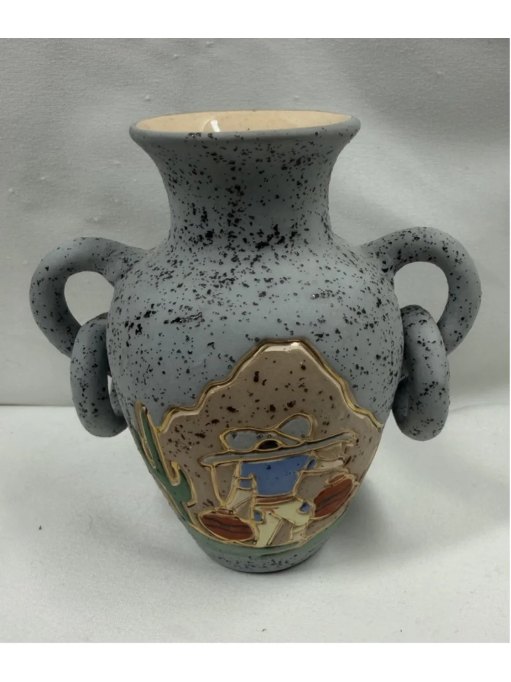 Mexican Pottery Woman Cactus Decorative Ring Handles Vase Ceramica Blue As Is